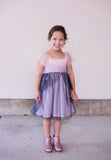 Little Girl's Pink and Navy Sparkle Tulle Flutter Sleeve Peplum Dress