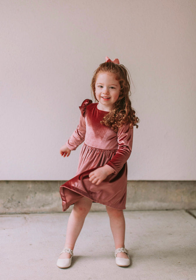 Little Girl's Pink Velvet Flutter Sleeve Dress