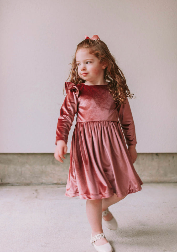Little Girl's Pink Velvet Flutter Sleeve Dress