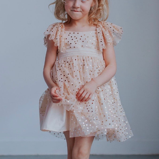 Little Girl’s Ivory Tulle and Gold Polka Dot Flutter Sleeve Dress