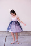 Little Girl's Pink and Navy Sparkle Tulle Flutter Sleeve Peplum Dress