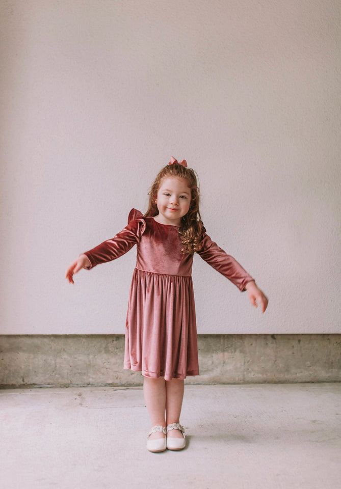 pink velvet flutter sleeve dress