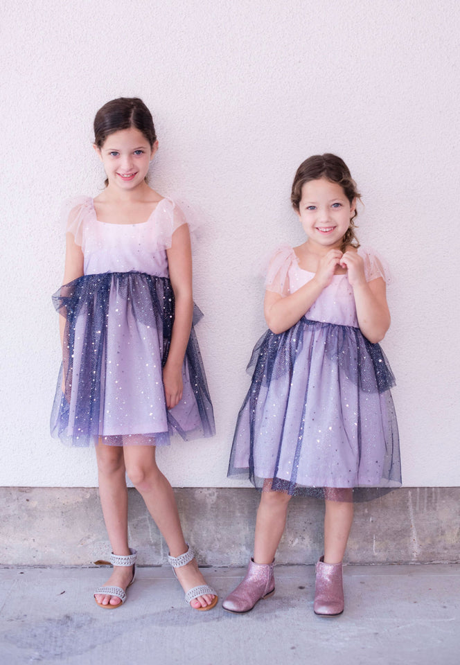 Little Girl's Pink and Navy Sparkle Tulle Flutter Sleeve Peplum Dress