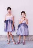 Little Girl's Pink and Navy Sparkle Tulle Flutter Sleeve Peplum Dress