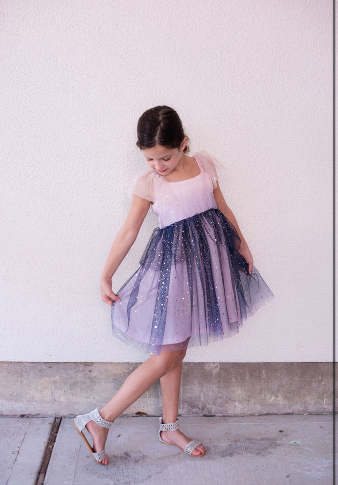 Little Girl's Pink and Navy Sparkle Tulle Flutter Sleeve Peplum Dress