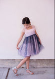Little Girl's Pink and Navy Sparkle Tulle Flutter Sleeve Peplum Dress