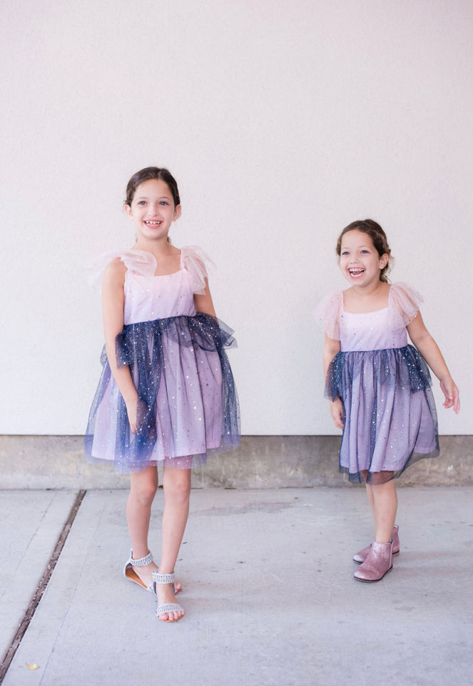 Little Girl's Pink and Navy Sparkle Tulle Flutter Sleeve Peplum Dress