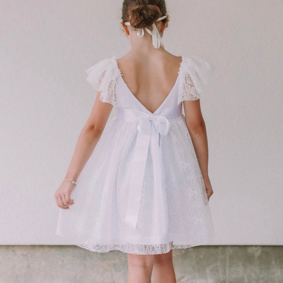 Little Girl's White Leaf Lace Flutter Sleeve Scoop Back Flower Girl Dress