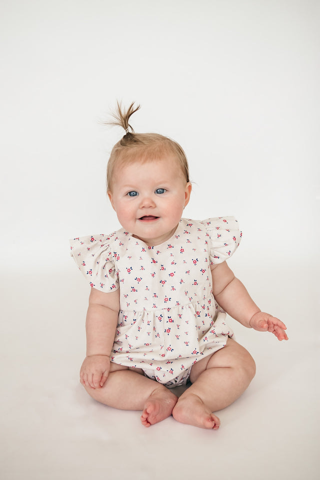baby girl off white and red ditsy floral bubble romper