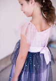 Little Girl's Pink and Navy Sparkle Tulle Flutter Sleeve Peplum Dress