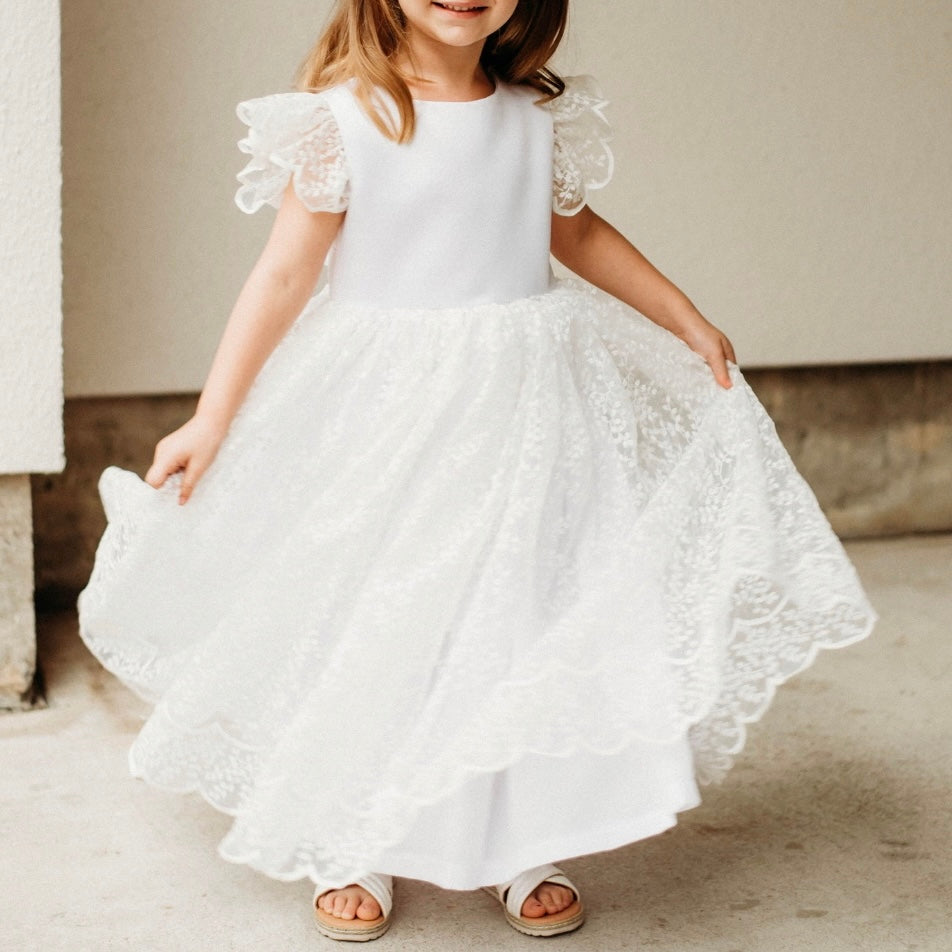 Little Girl's White Scalloped Lace and Satin Flower Girl Dress
