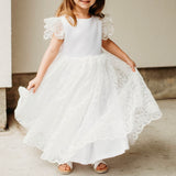 Little Girl's White Scalloped Lace and Satin Flower Girl Dress