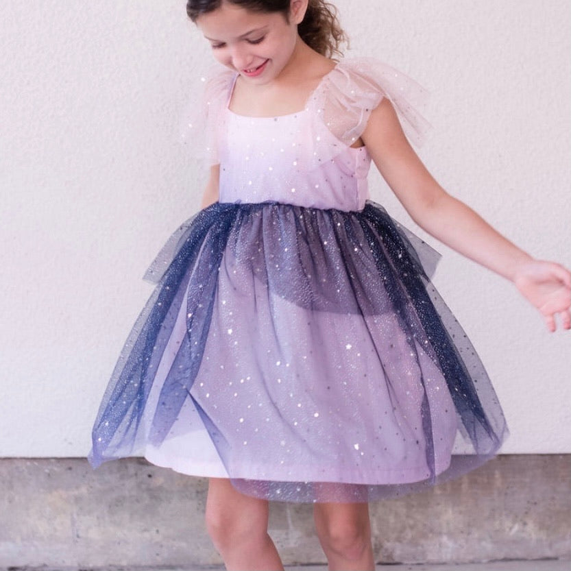 Little Girl's Pink and Navy Sparkle Tulle Flutter Sleeve Peplum Dress
