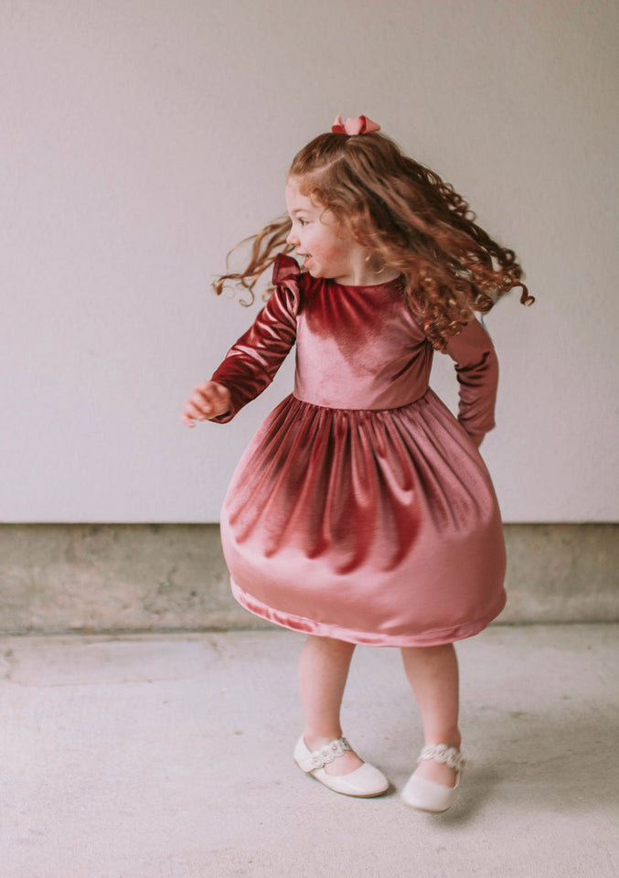 Little Girl's Pink Velvet Flutter Sleeve Dress