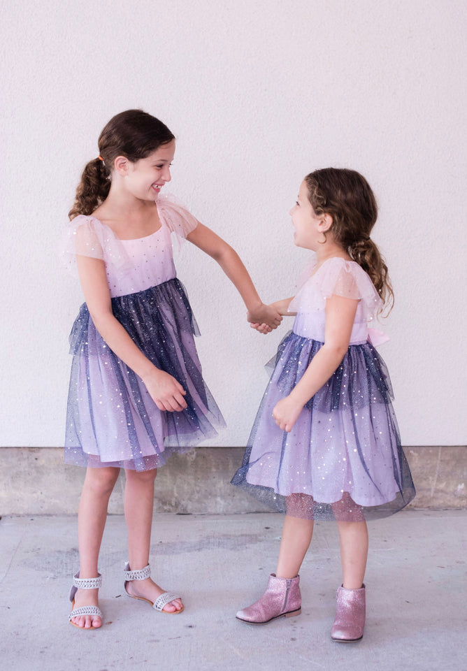 Little Girl's Pink and Navy Sparkle Tulle Flutter Sleeve Peplum Dress