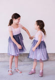 Little Girl's Pink and Navy Sparkle Tulle Flutter Sleeve Peplum Dress