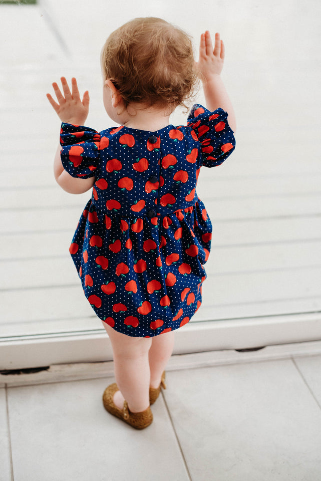 Infant Girl's Red and Blue Apple Print Bubble Romper
