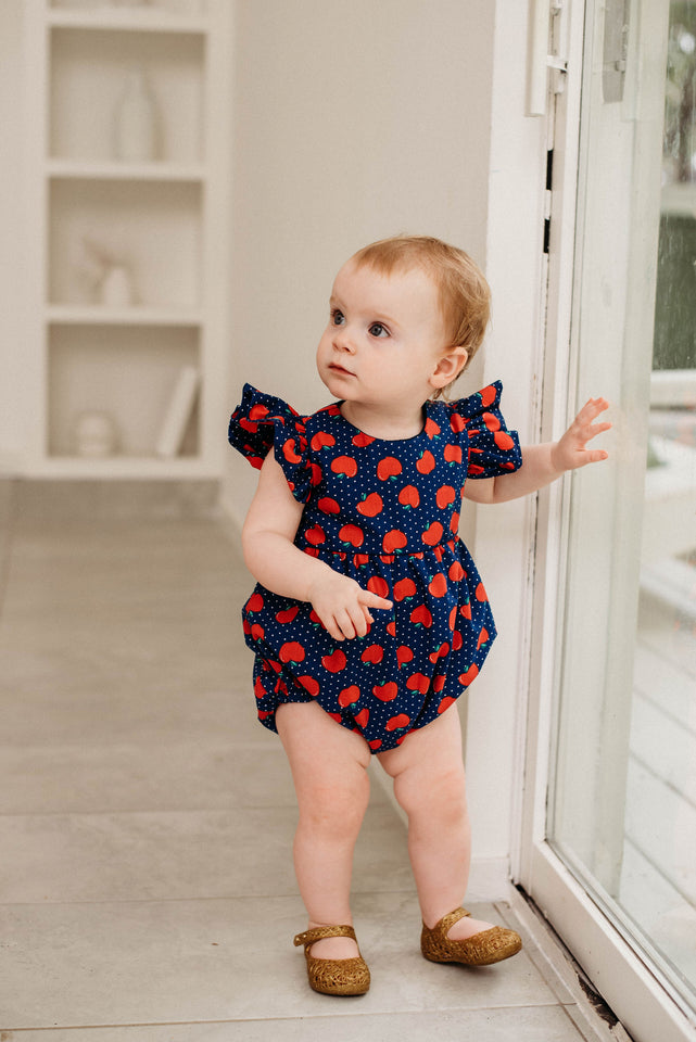 Infant Girl's Red and Blue Apple Print Bubble Romper