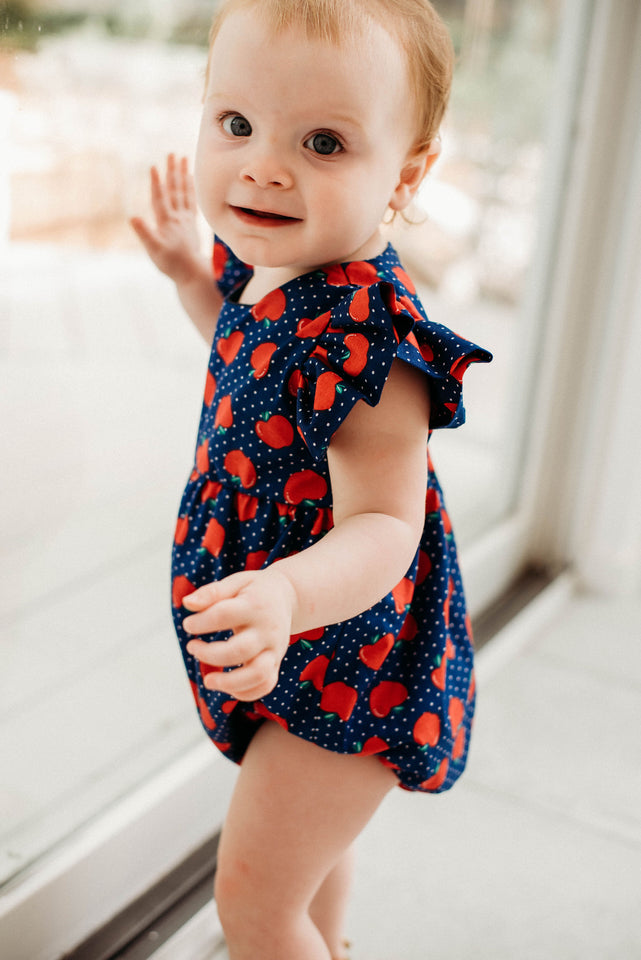 Infant Girl's Red and Blue Apple Print Bubble Romper