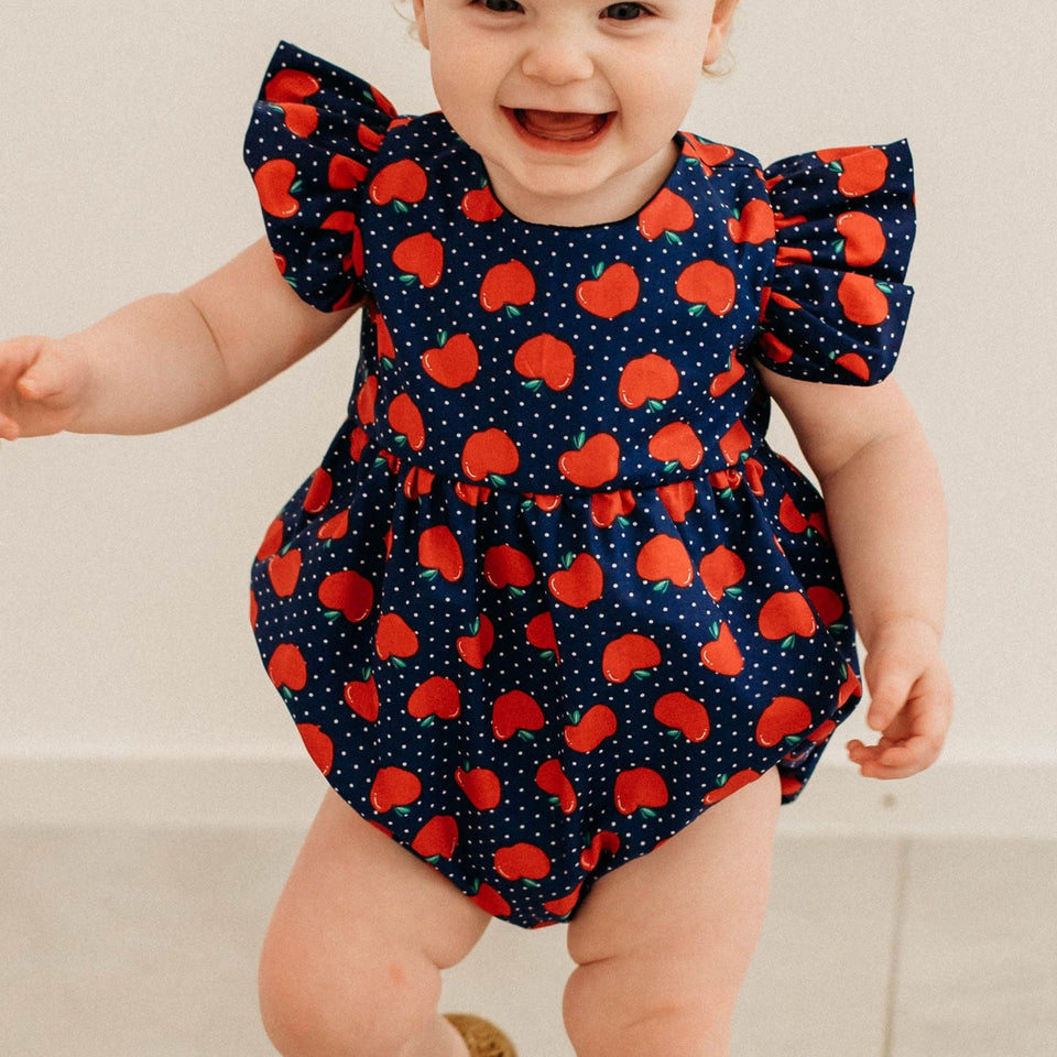 Infant Girl's Red and Blue Apple Print Bubble Romper