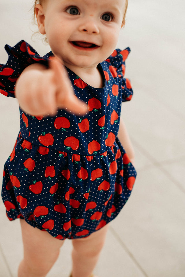 Infant Girl's Red and Blue Apple Print Bubble Romper