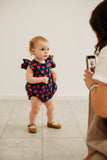 Infant Girl's Red and Blue Apple Print Bubble Romper
