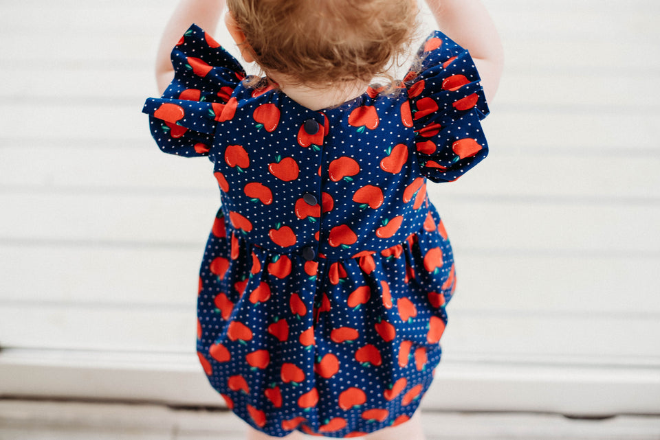 Infant Girl's Red and Blue Apple Print Bubble Romper