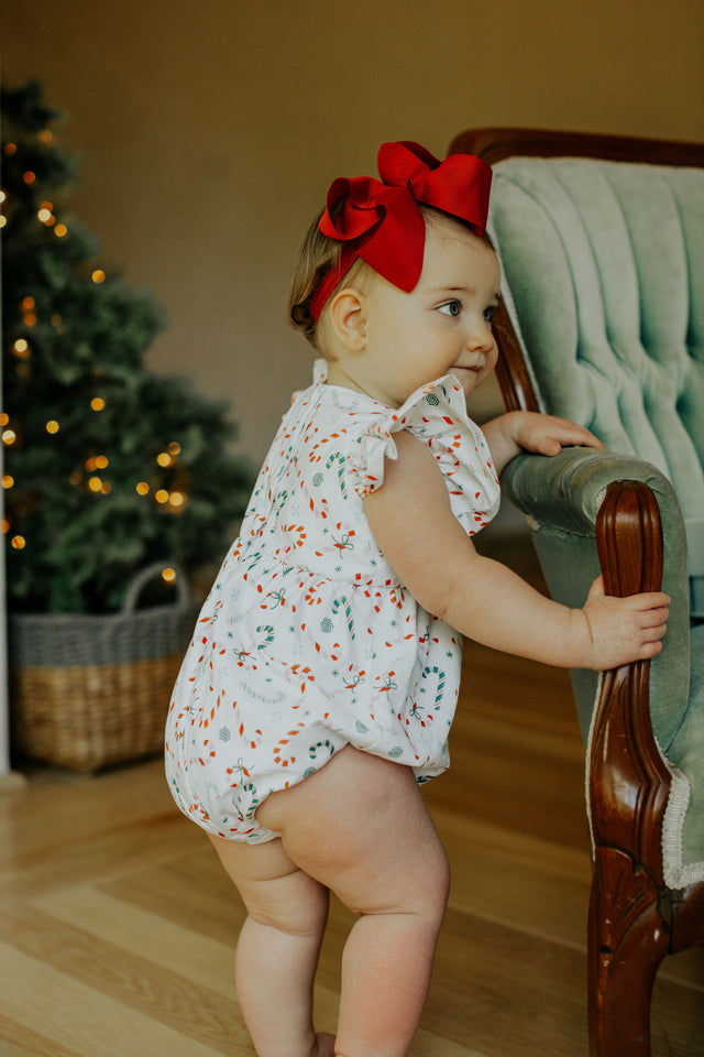 infant girls ditsy candy cane print christmas bubble romper