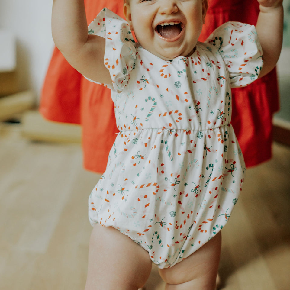 infant girls ditsy candy cane print christmas bubble romper