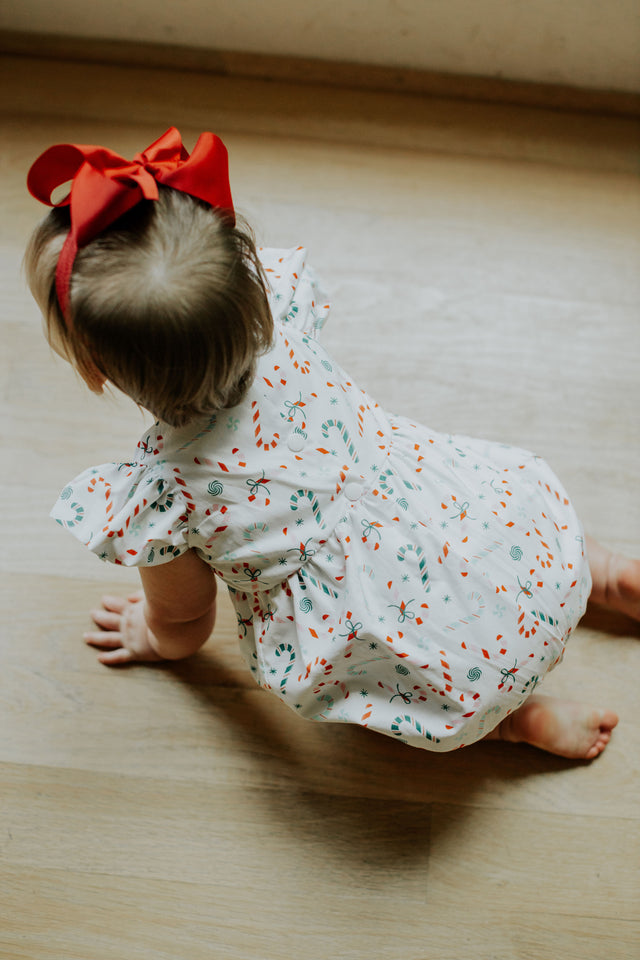 infant girls ditsy candy cane print christmas bubble romper