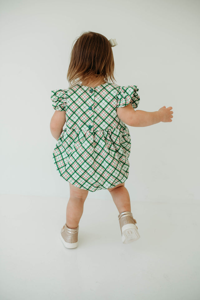 Infant Girl's Green Tartan Print Christmas Bubble Romper
