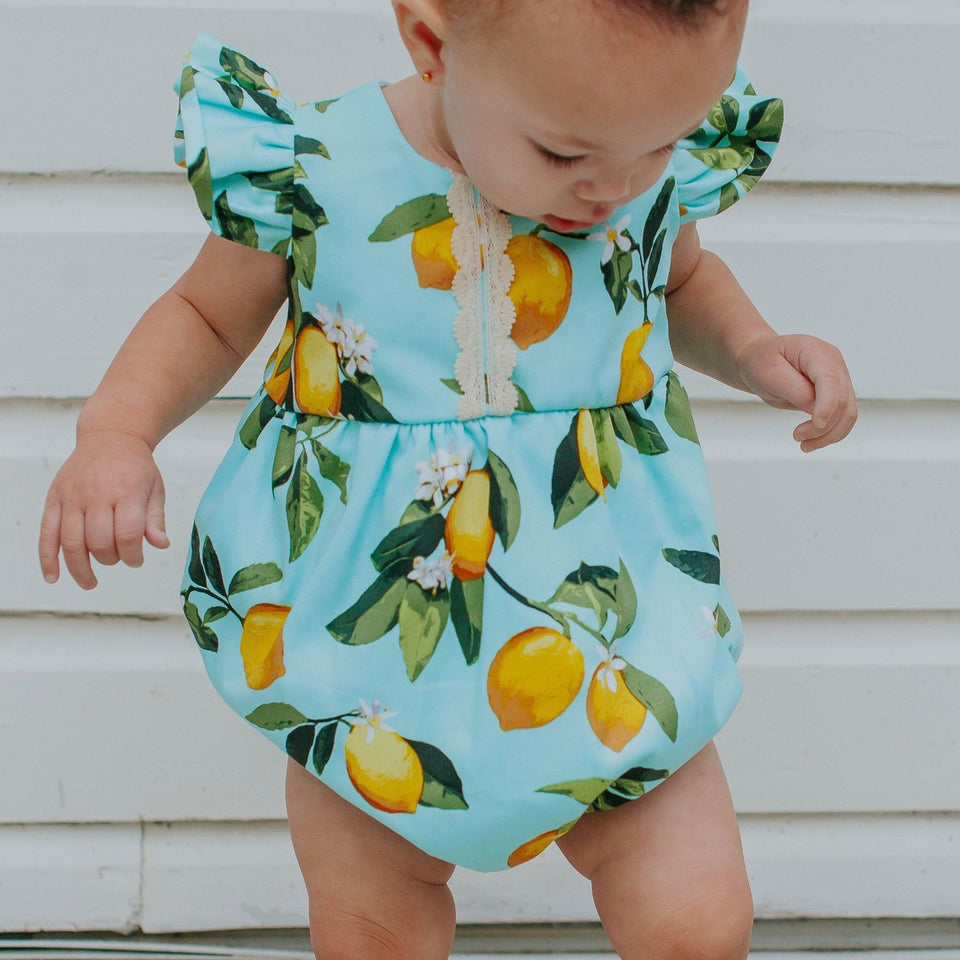 infant girls lemon print cotton bubble romper
