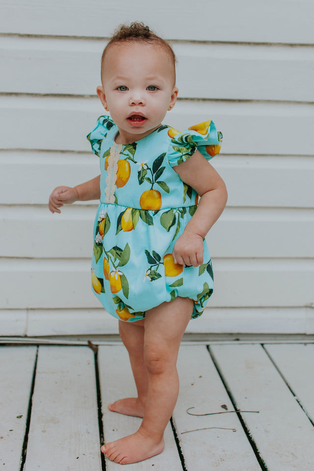 infant girls lemon print cotton bubble romper