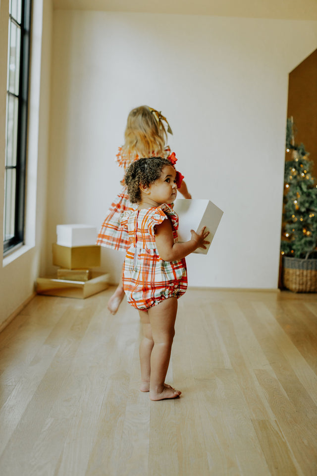 Infant Girl's Bright Red and Green Christmas Tartan Plaid Bubble Romper