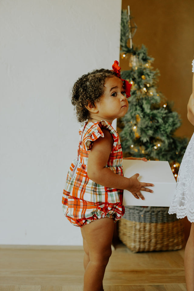 Infant Girl's Bright Red and Green Christmas Tartan Plaid Bubble Romper