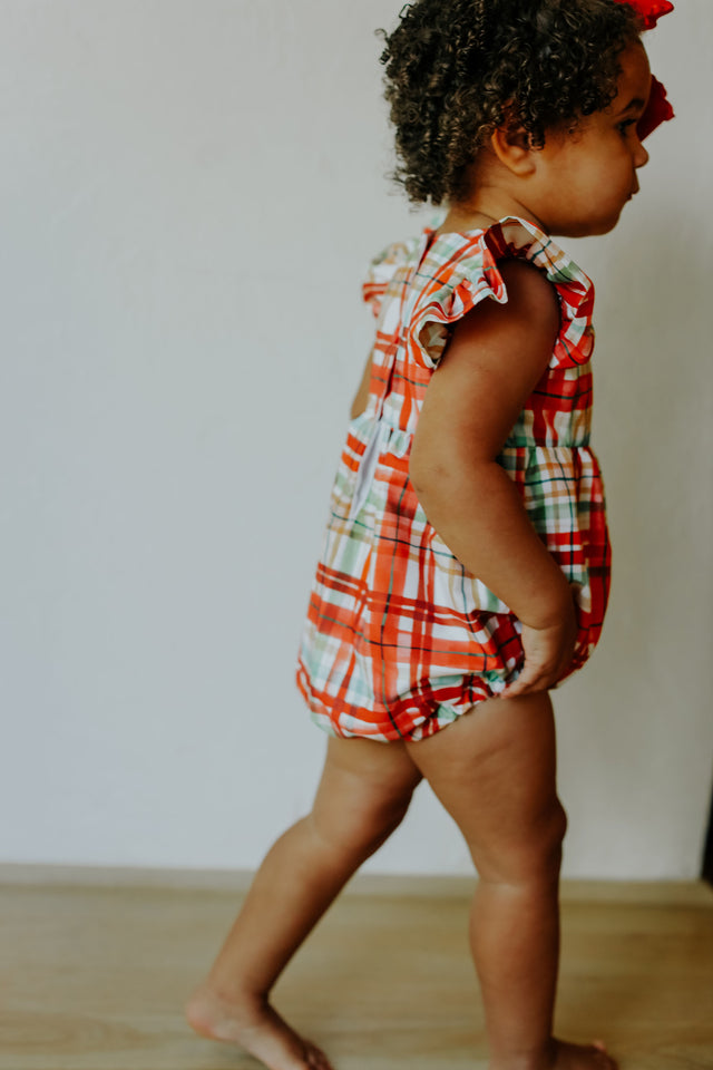Infant Girl's Bright Red and Green Christmas Tartan Plaid Bubble Romper