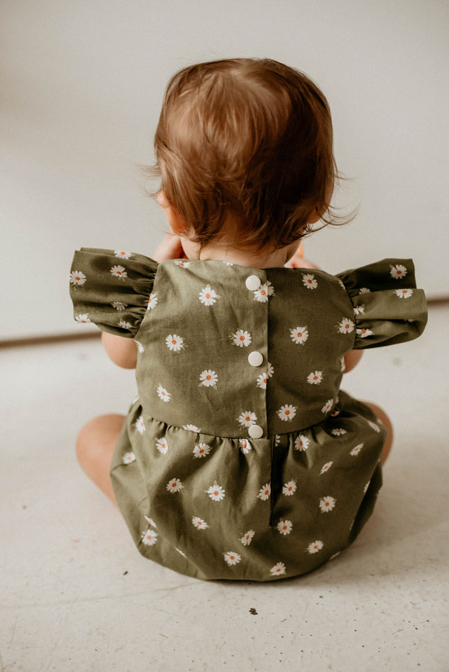 Infant Girl's Olive Green Daisy Print Bubble Romper