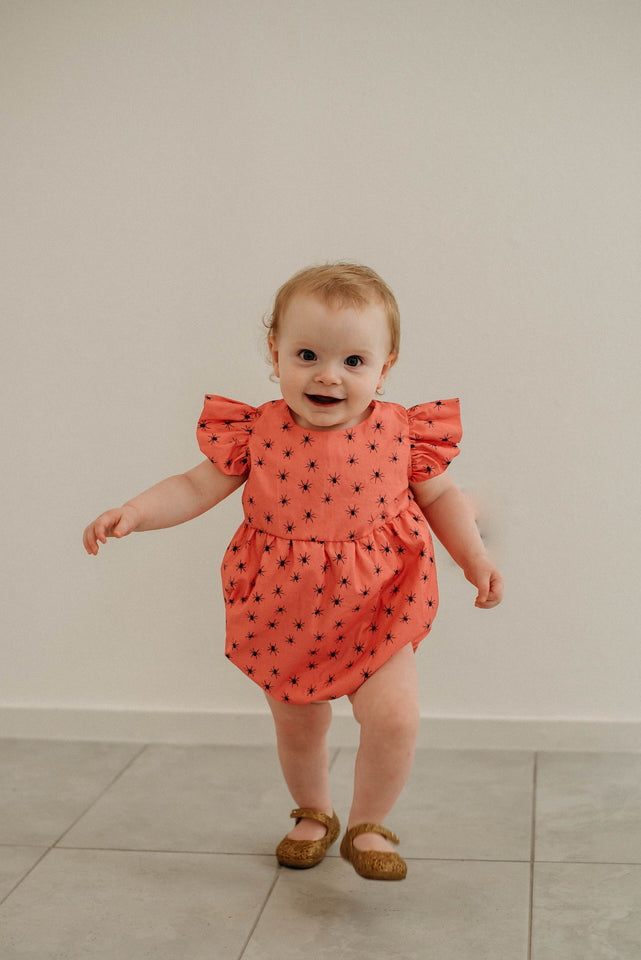 Infant Girl's Pink and Black Spider Print Halloween Bubble Romper