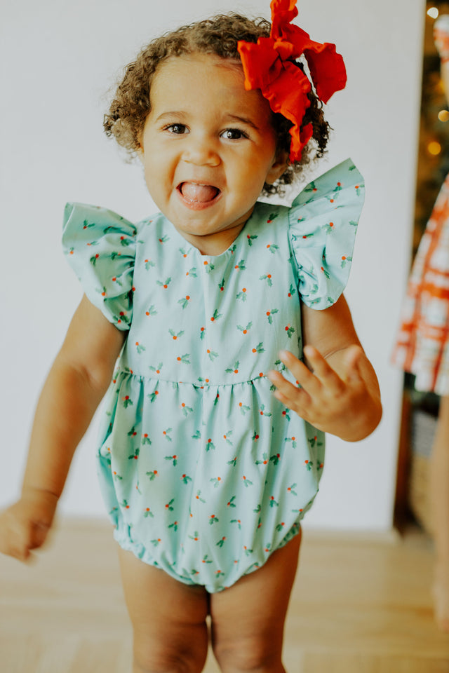 Infant Girl's Turquoise Blue Holly Print Christmas Bubble Romper