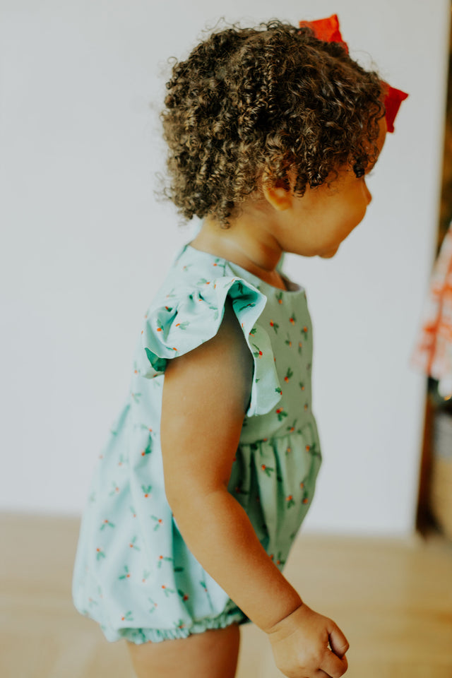 Infant Girl's Turquoise Blue Holly Print Christmas Bubble Romper