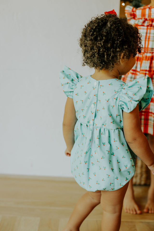 Infant Girl's Turquoise Blue Holly Print Christmas Bubble Romper