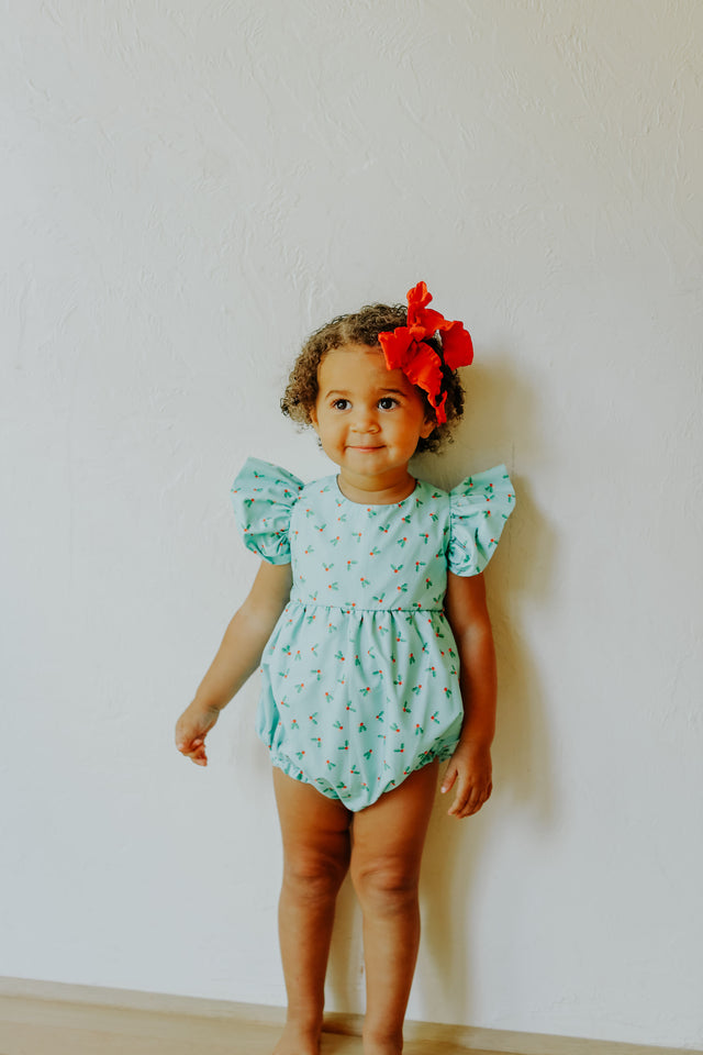 Infant Girl's Turquoise Blue Holly Print Christmas Bubble Romper