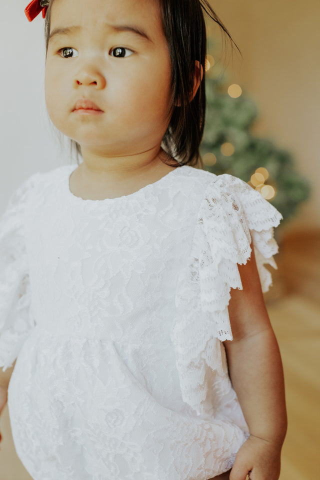 Infant Girl's White Lace Scallop Trim Scallop Trim Bubble Romper