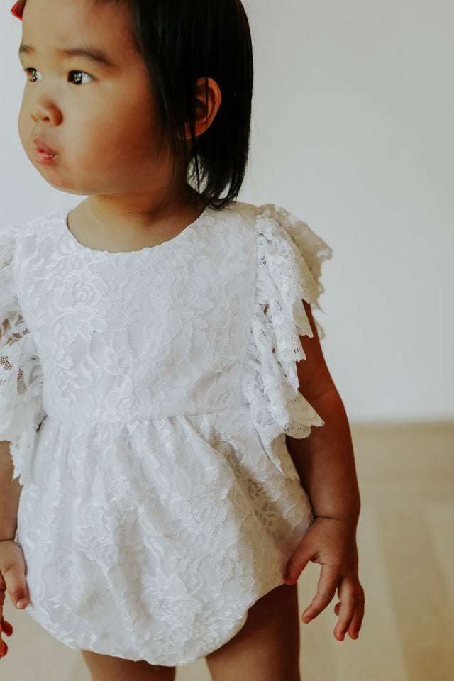 Infant Girl's White Lace Scallop Trim Scallop Trim Bubble Romper