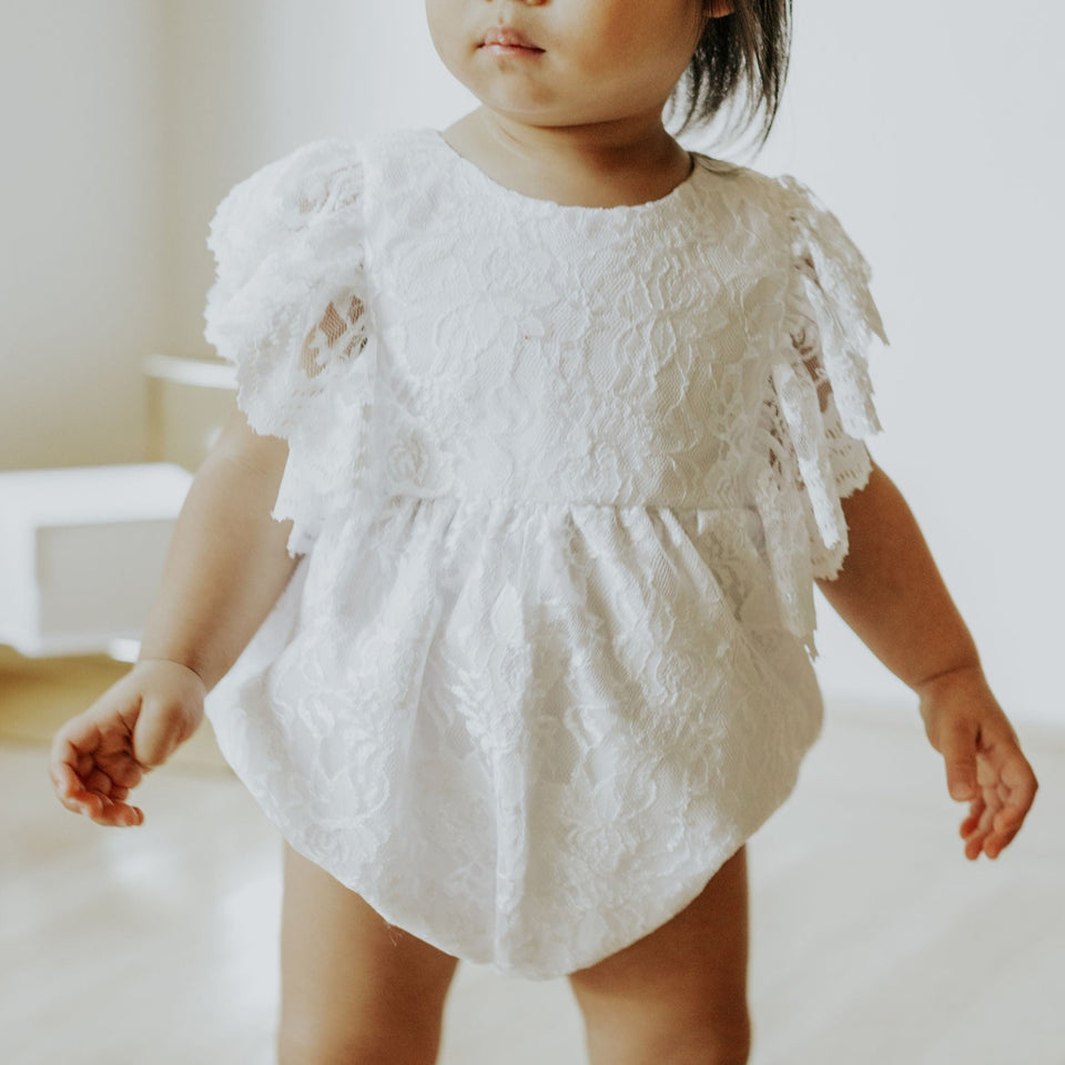 Infant Girl's White Lace Scallop Trim Scallop Trim Bubble Romper