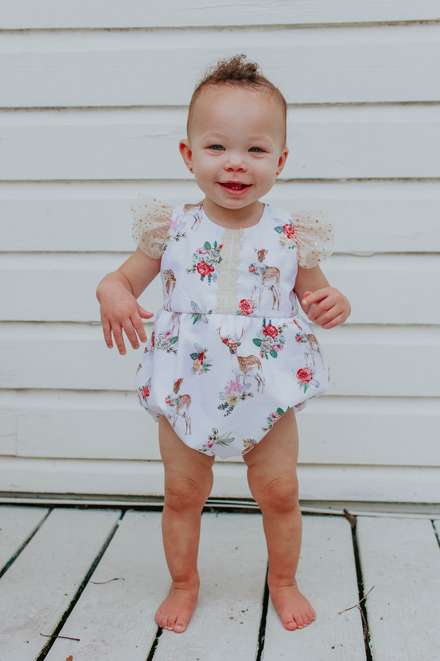 Infant Girl's Woodland Creatures Wonderland Bubble Romper with Tulle Sleeves