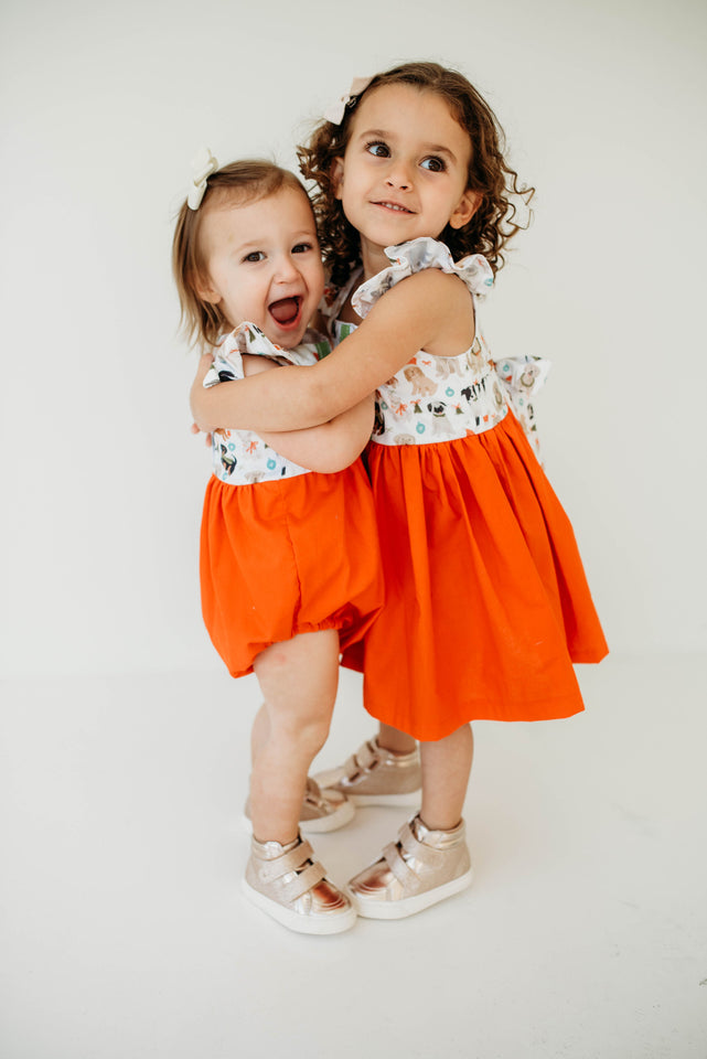 Infant Girl's Green and Orange Dog Print Christmas Bubble Romper