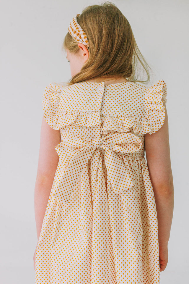 Little Girl's White and Yellow Gold Polka Dot Ruffle Collar Dress