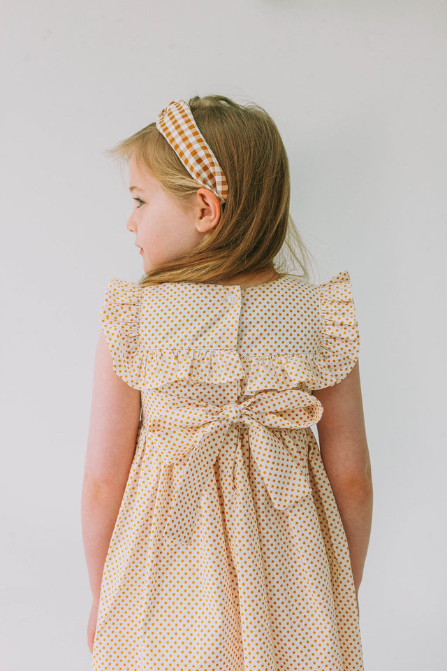 Little Girl's White and Yellow Gold Polka Dot Ruffle Collar Dress