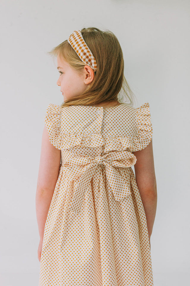 Little Girl's White and Yellow Gold Polka Dot Ruffle Collar Dress